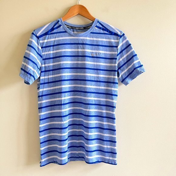 NIKE DRI-FIT BLUE STRIPED PRINT ATHLETIC RUNNING SHORT SLEEVE TEE SHIRT TOP SZ M - Picture 1 of 5